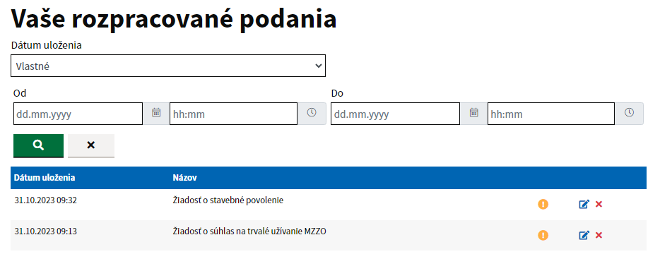 Filtre nad rozpracovanými podaniami